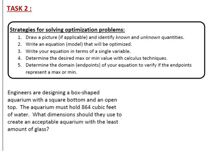 Solved TASK 2: Strategies for solving optimization problems: | Chegg.com