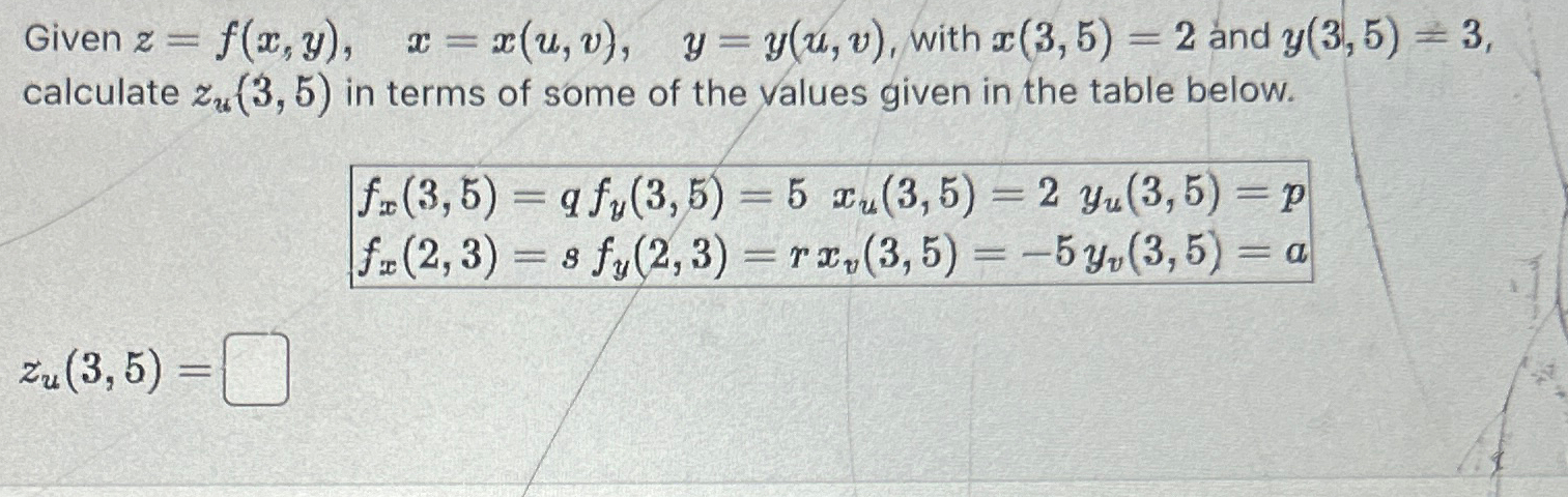 Solved Given z=f(x,y),x=x(u,v),y=y(u,v), ﻿with x(3,5)=2 ﻿and | Chegg.com