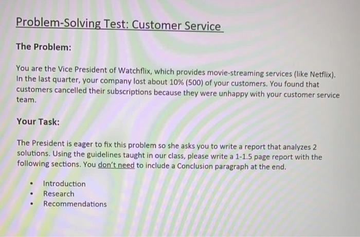 Solved Problem-solving Test: Customer Service The Problem: | Chegg.com