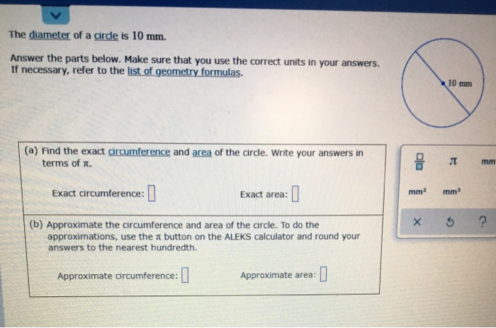 Solved The diameter of a cirde is 10 mm. Answer the parts | Chegg.com