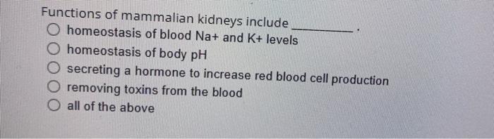 Functions of mammalian kidneys include homeostasis of blood \( \mathrm{Na}+ \) and \( \mathrm{K}+ \) levels homeostasis of bo