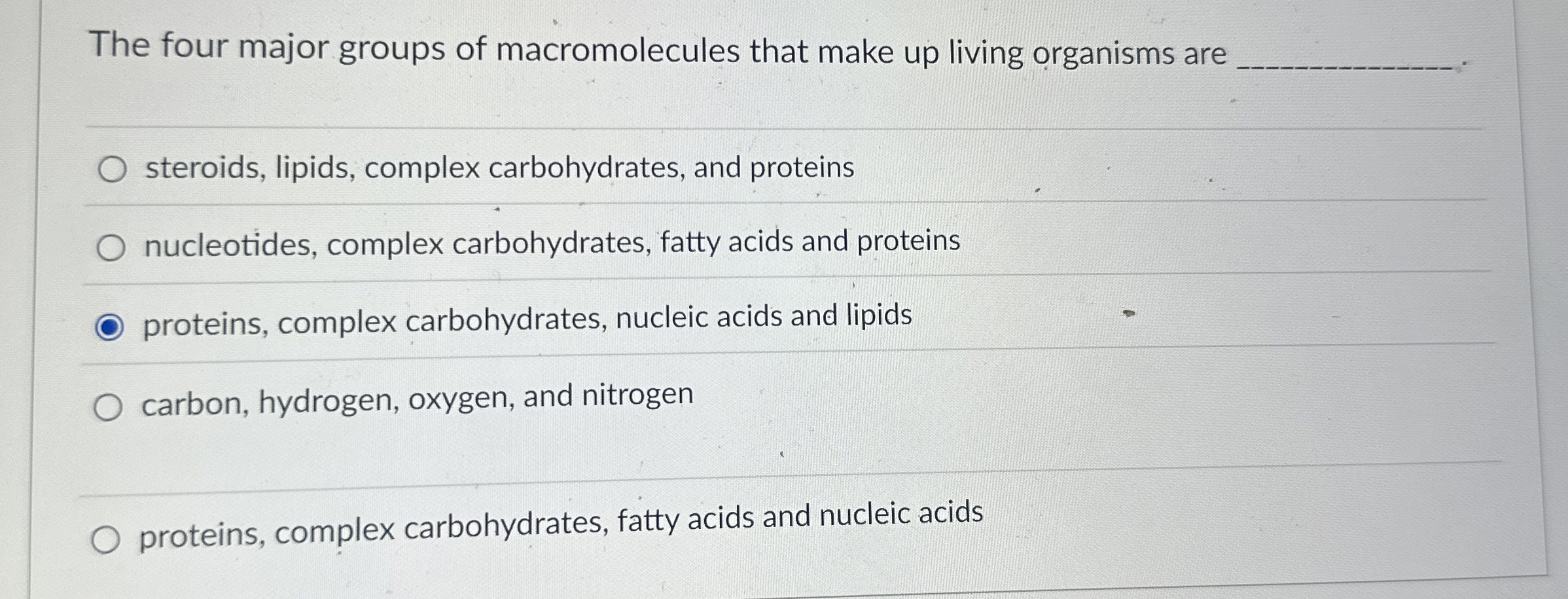 Solved The four major groups of macromolecules that make up