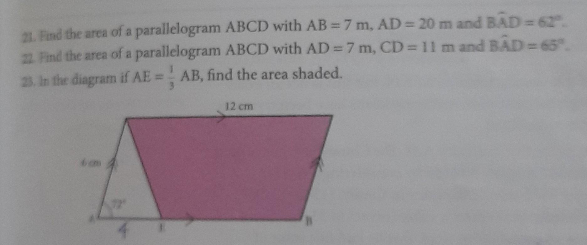 Solved 22. Find the area of a parallelogram ABCD with AB=7 | Chegg.com