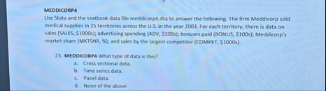 Solved MEDDICORP4Use Stata and the textbook data file | Chegg.com