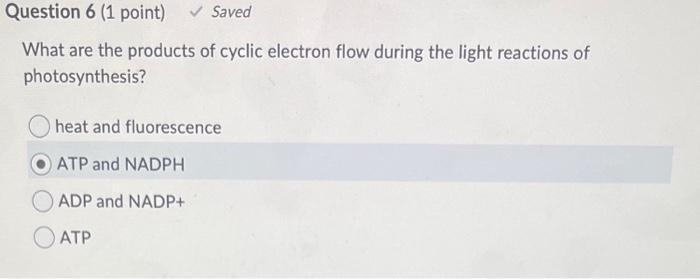 What are the products of cyclic electron flow during the light reactions of photosynthesis?
heat and fluorescence
ATP and NAD