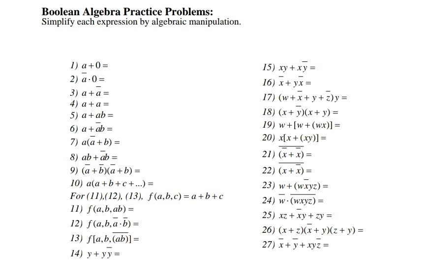 Solved Boolean Algebra Practice Problems Simplify Each Chegg