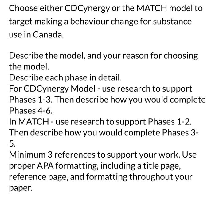 Choose either CDCynergy or the MATCH model to target | Chegg.com