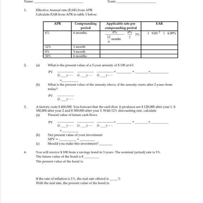 Solved 1. Effective Annual Rate (EAR) From APR Calculate EAR | Chegg.com