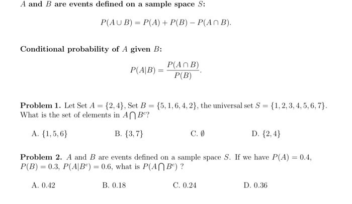 Solved A and B are events defined on a sample space S: | Chegg.com