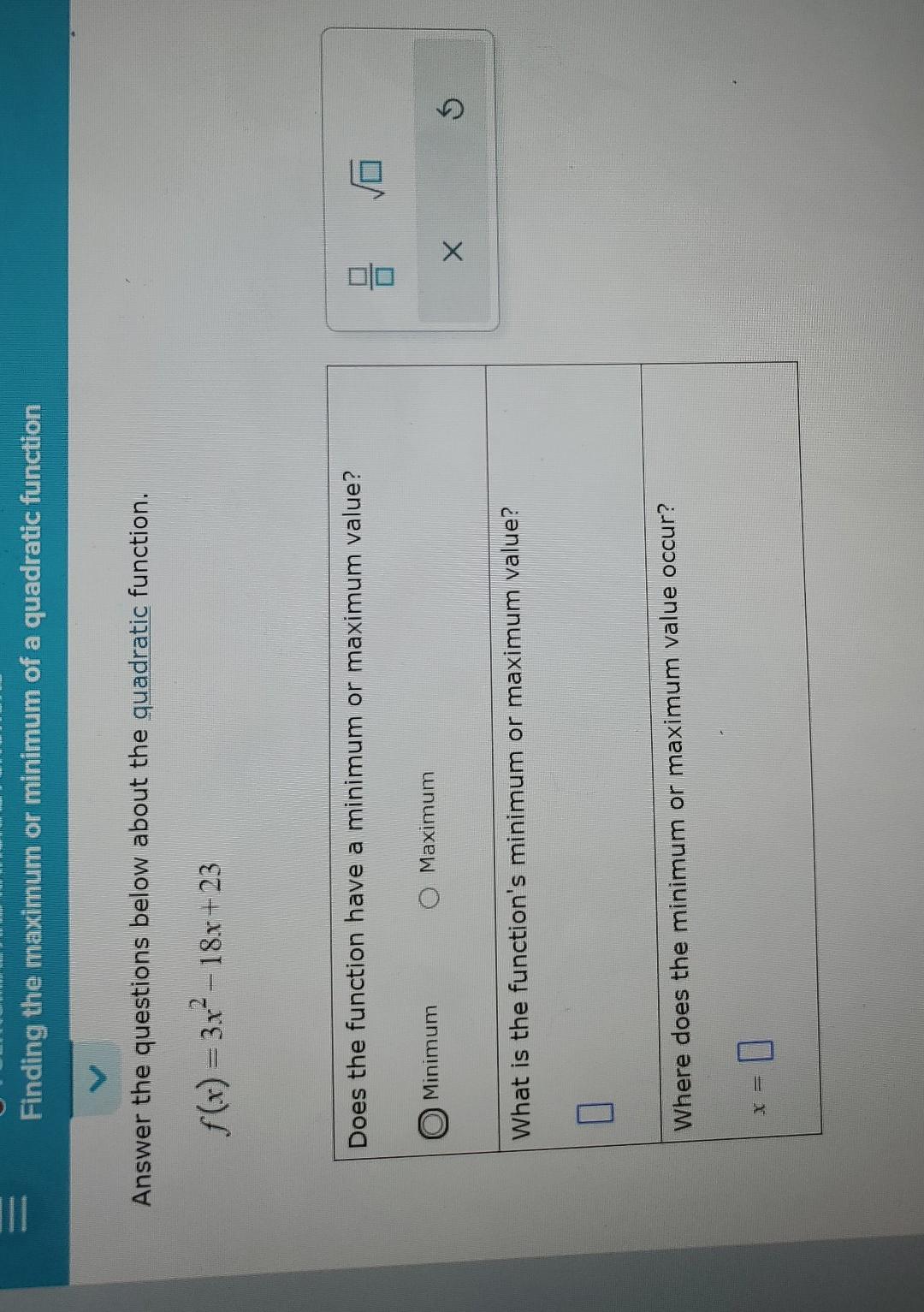 minimum maximum of a quadratic function