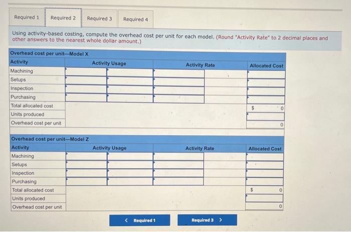 Using activity-based costing, compute the overhead cost per unit for each model. (Round Activity Rate to 2 decimal places a