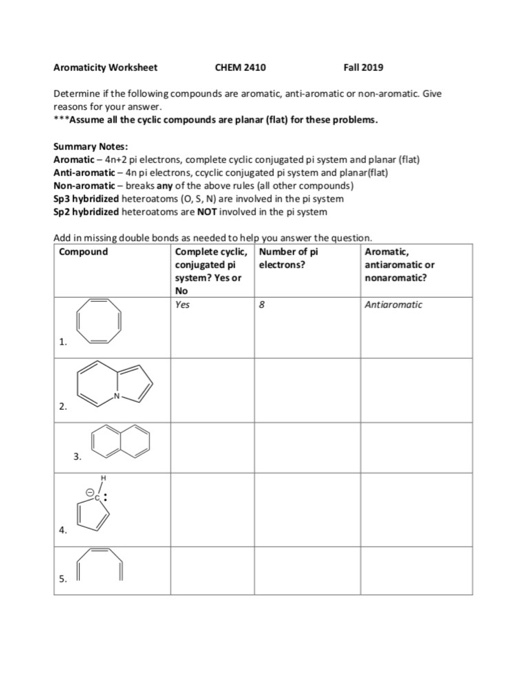 Solved Aromaticity Worksheet CHEM 2410 Fall 2019 Determine