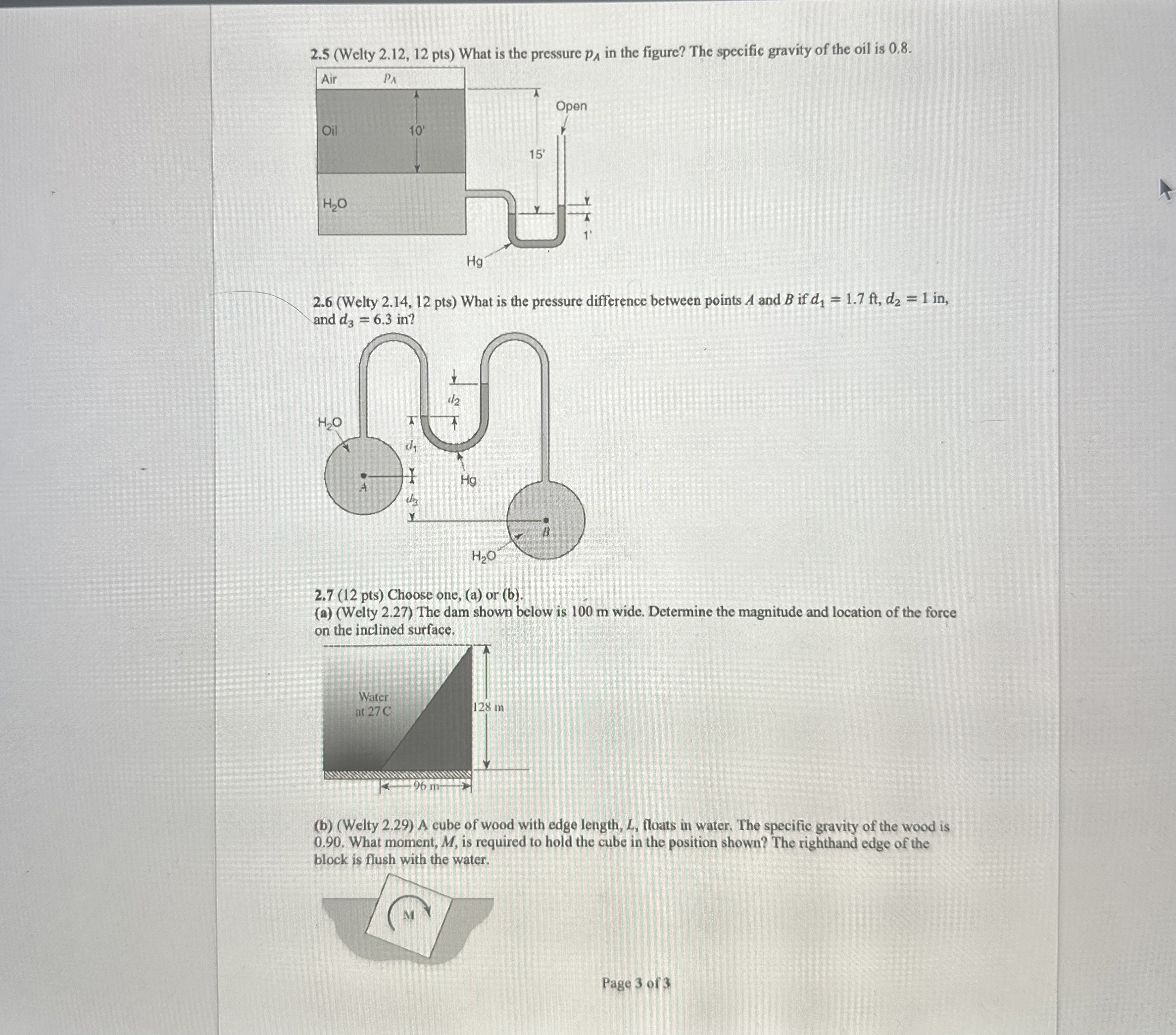 Solved 2.5 (Welty 2.12,12pts ) ﻿What is the pressure pA ﻿in | Chegg.com