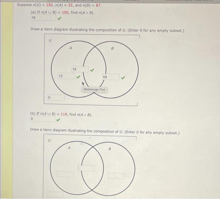 Solved Suppose (U) = 150, n(A) = 32, and n(B) = 87. (a) If | Chegg.com