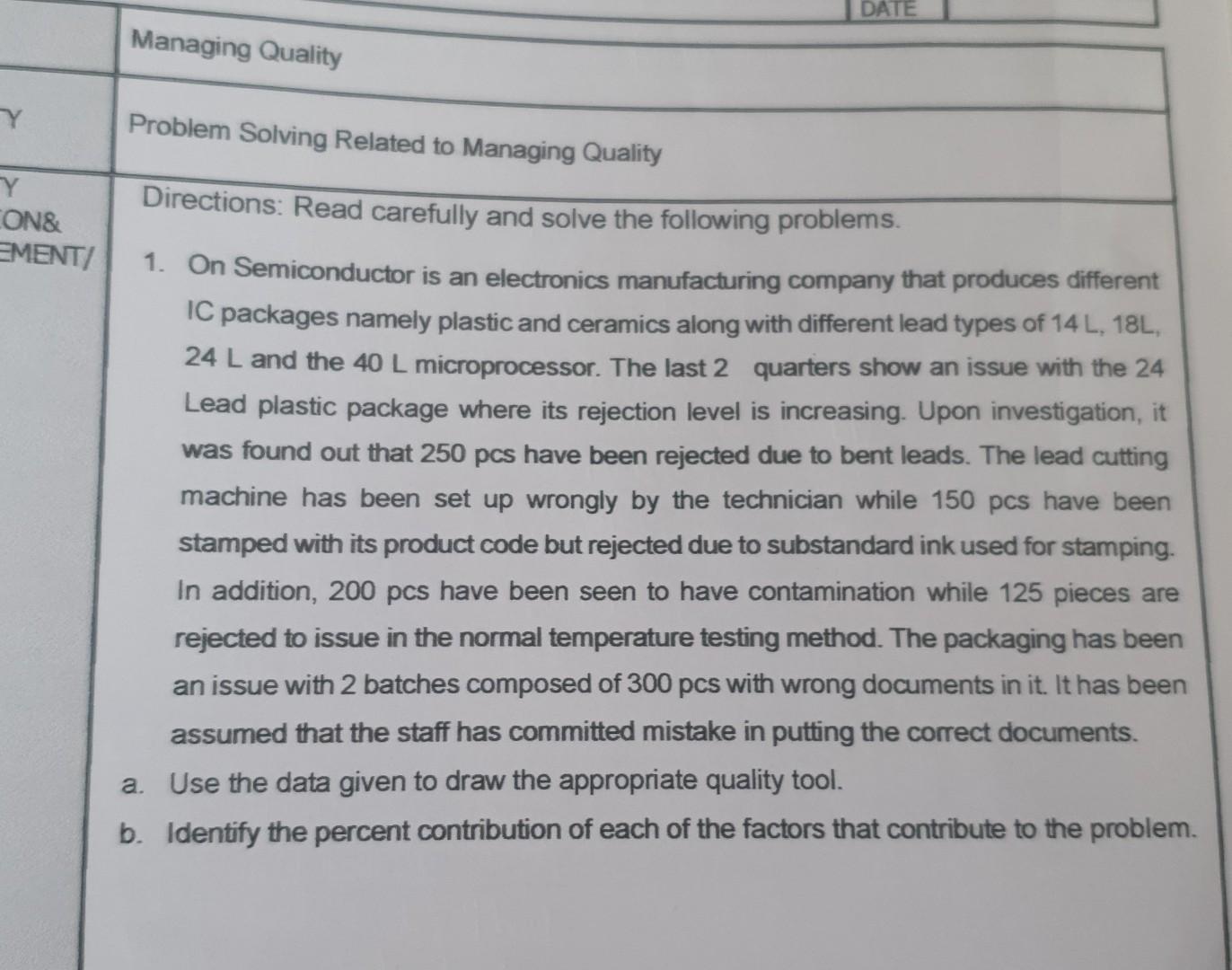 Solved Problem Solving Related to Managing Quality | Chegg.com