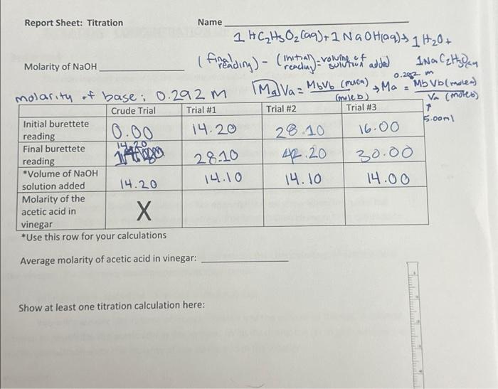 Solved Report Sheet: Titrationfind the molarity of the | Chegg.com