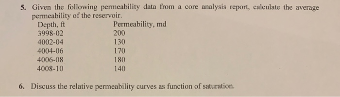 Solved 5. Given the following permeability data from a core | Chegg.com
