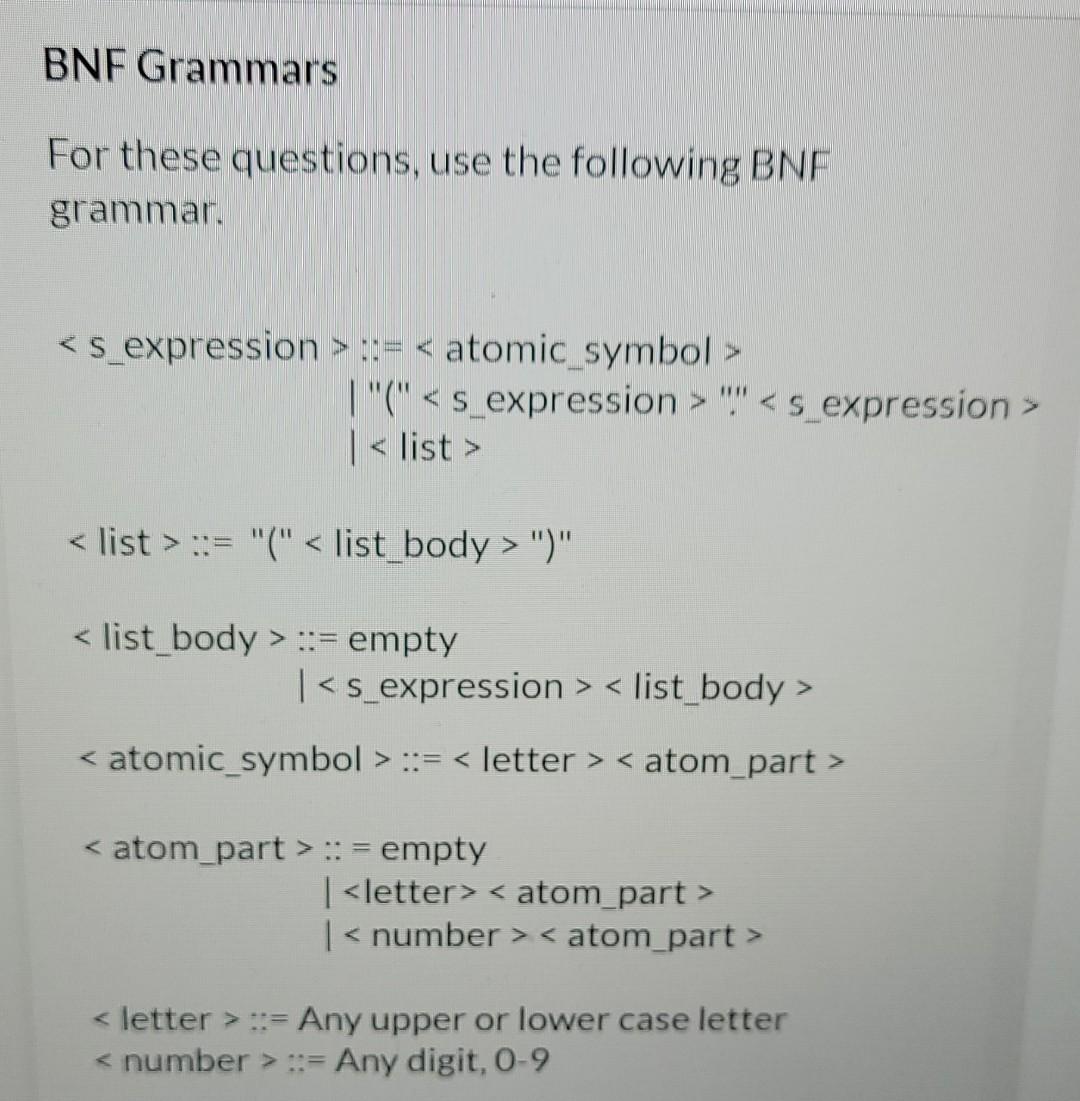 BNF Grammars For these questions, use the following | Chegg.com