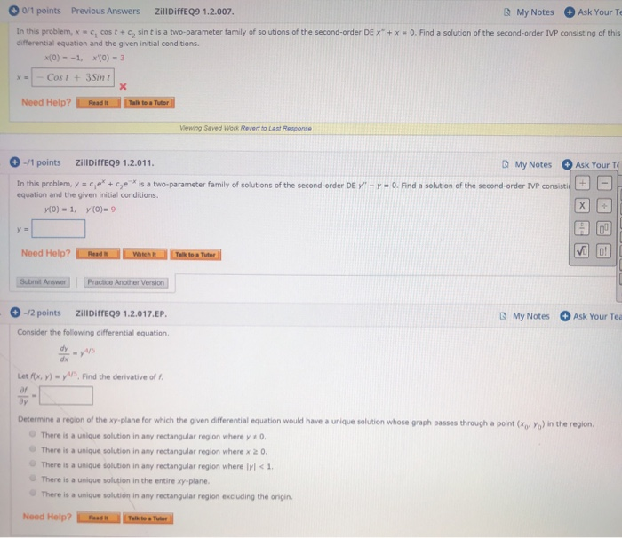 Solved 0/1 Points Previous Answers ZillDiffeQ9 1.2.007. My | Chegg.com