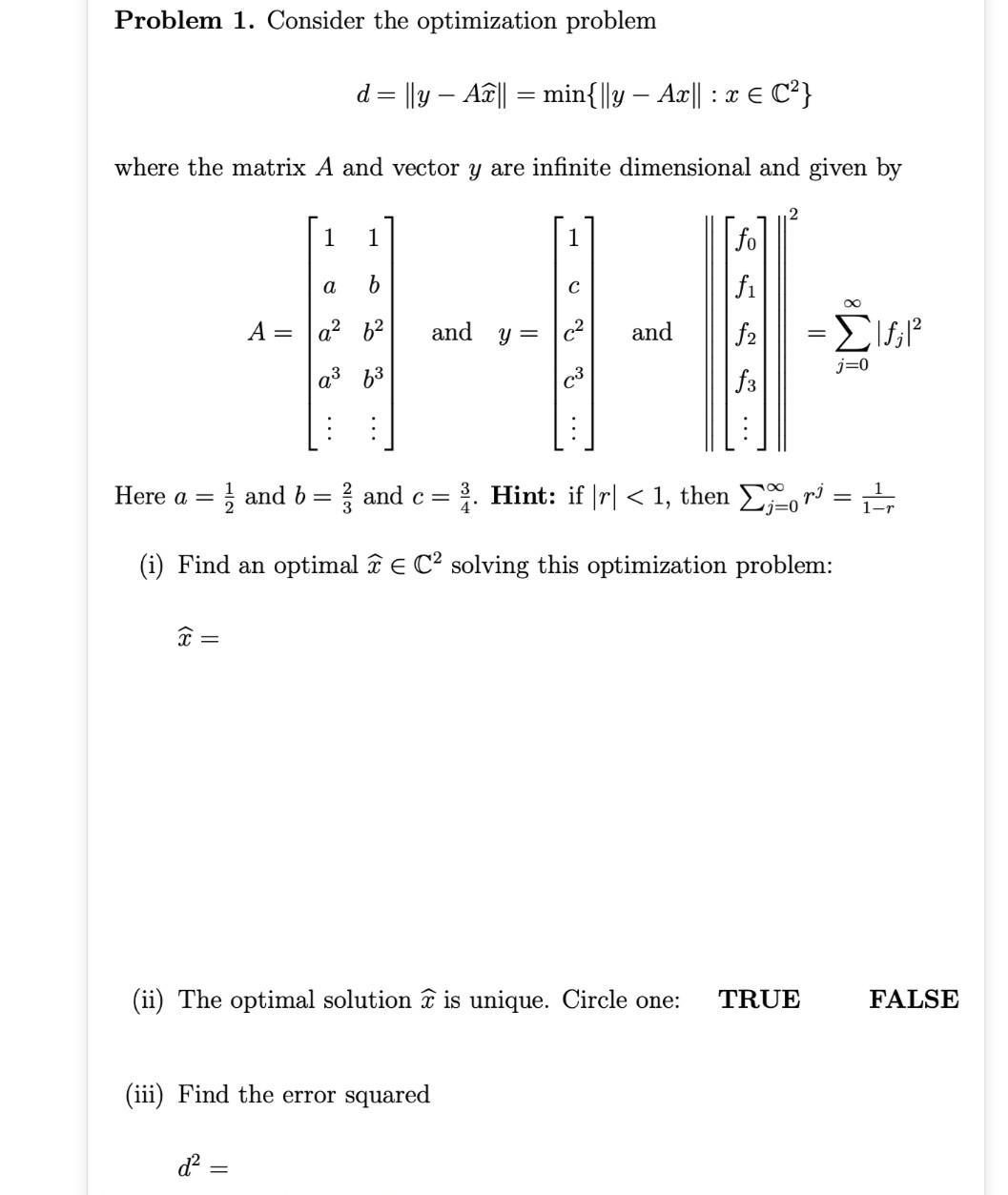 Solved Problem 1. Consider the optimization problem d= ||y – | Chegg.com