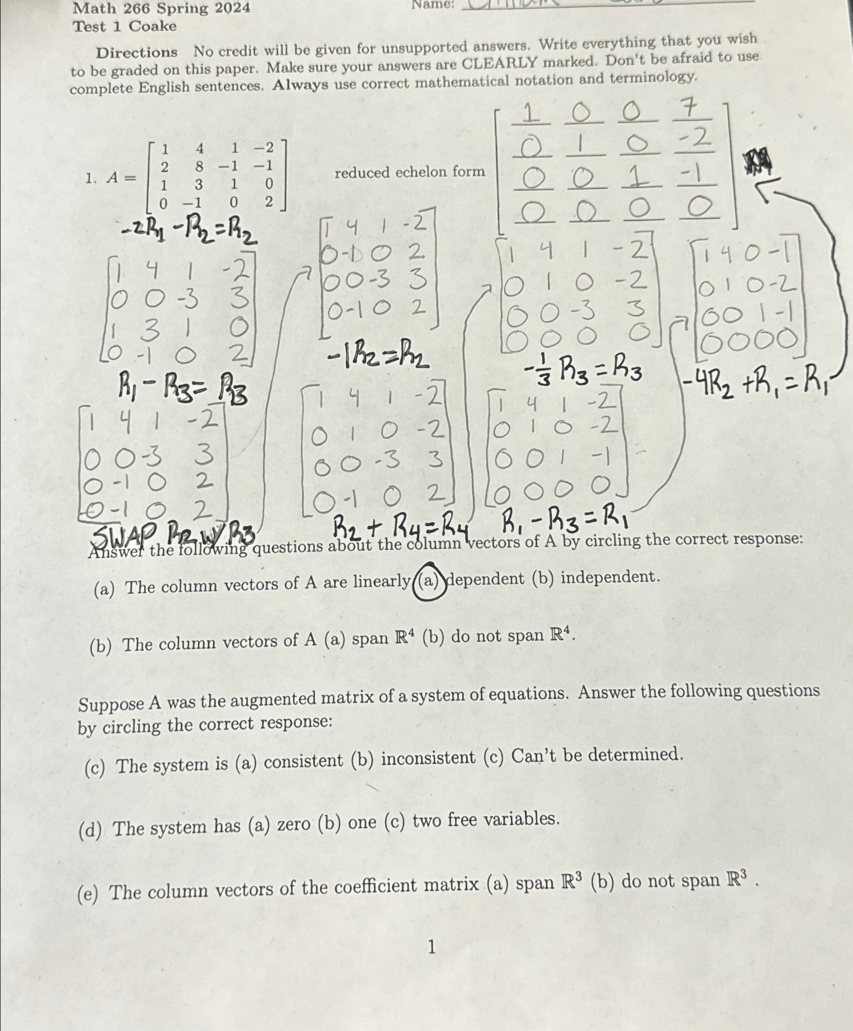 Solved Math 266 ﻿Spring 2024Test 1 ﻿CoakeDirections No | Chegg.com