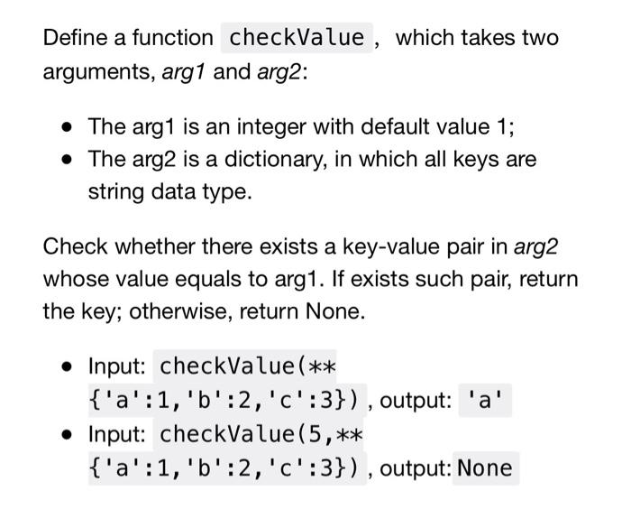 Solved Define a function checkValue, which takes two | Chegg.com