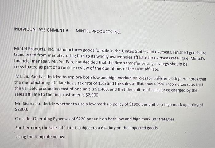 Solved INDIVIDUAL ASSIGNMENT B: MINTEL PRODUCTS INC. Mintel | Chegg.com