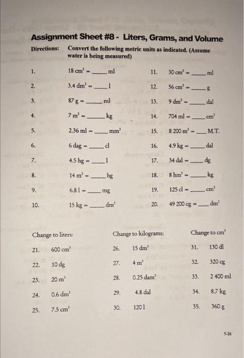 Solved Assignment Sheet 8 Liters Grams and Volume Chegg