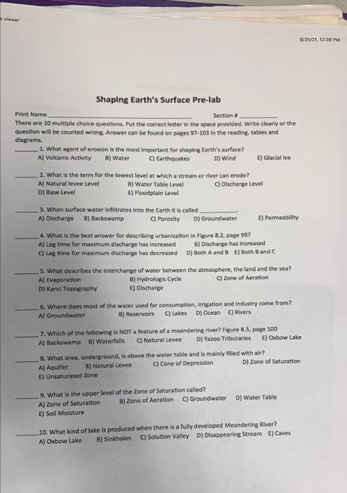 Solved 8/25/21, 12:09 PM Shaping Earth's Surface Pre-lab | Chegg.com