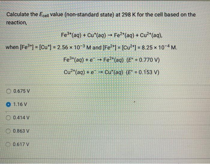 Solved Calculate the Ecell value (nonstandard state) at 298