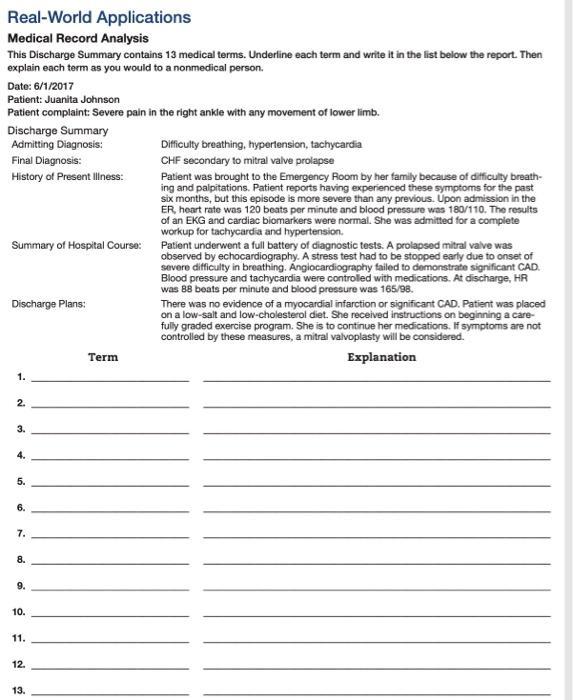 Solved RealWorld Applications Medical Record Analysis This
