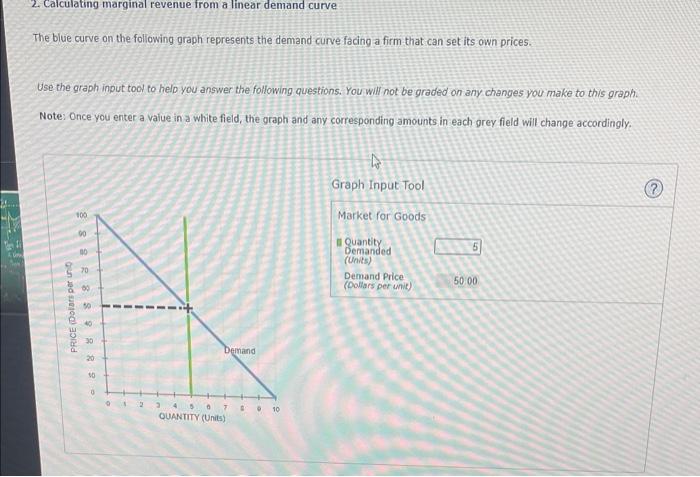 2. Calculating marginal revenue from a linear demand curve
The blue curve on the foliowing graph represents the demand curve 