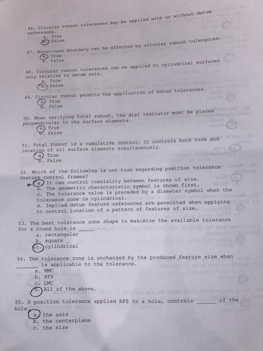 Solved 46. Circular runout tolerances may be applied with or | Chegg.com