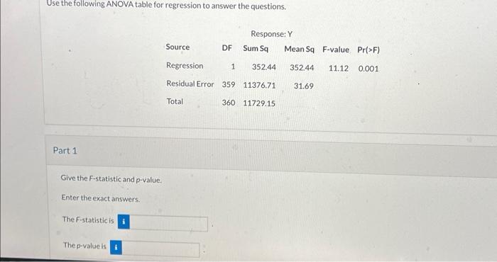 Solved Use the following ANOVA table for regression to | Chegg.com