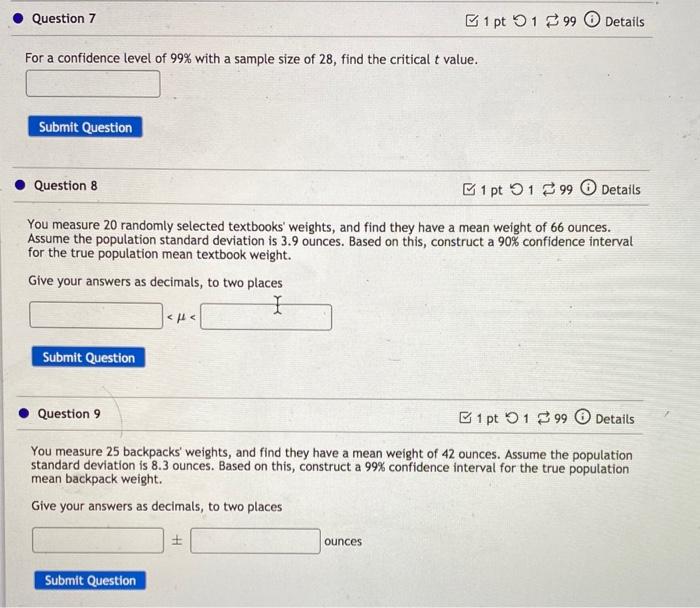 Solved Question 7 1 pt 5 199 Details For a confidence level | Chegg.com