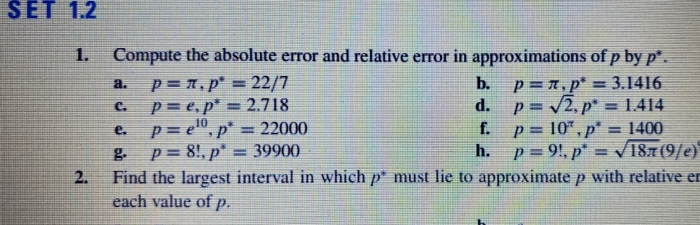 Solved SET 1.2 1. a. Compute the absolute error and relative | Chegg.com