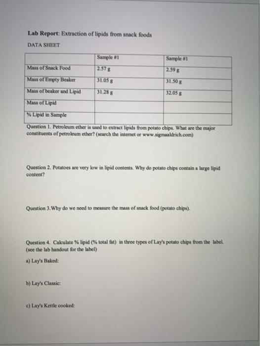 Lab Report Extraction of lipids from snack foods
