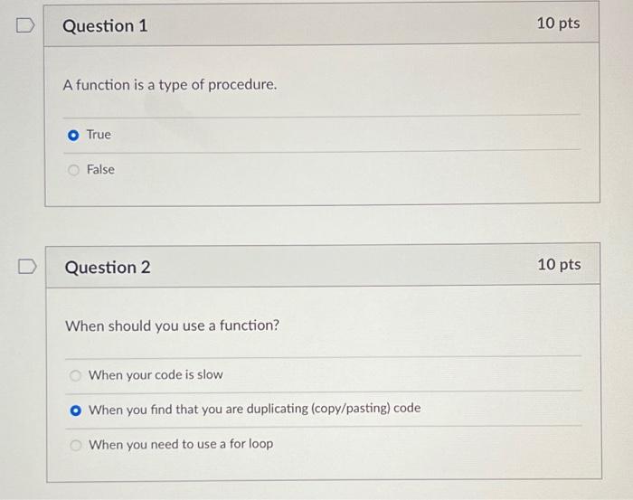 Solved Question 1 10 pts A function is a type of procedure. | Chegg.com