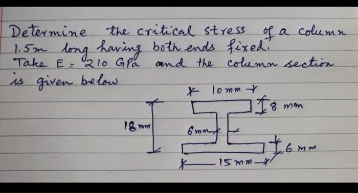 Determine the critical stress of a column \( 1.5 \mathrm{~m} \) long having both ends fixed. Take \( E=210 \mathrm{GPa} \) an