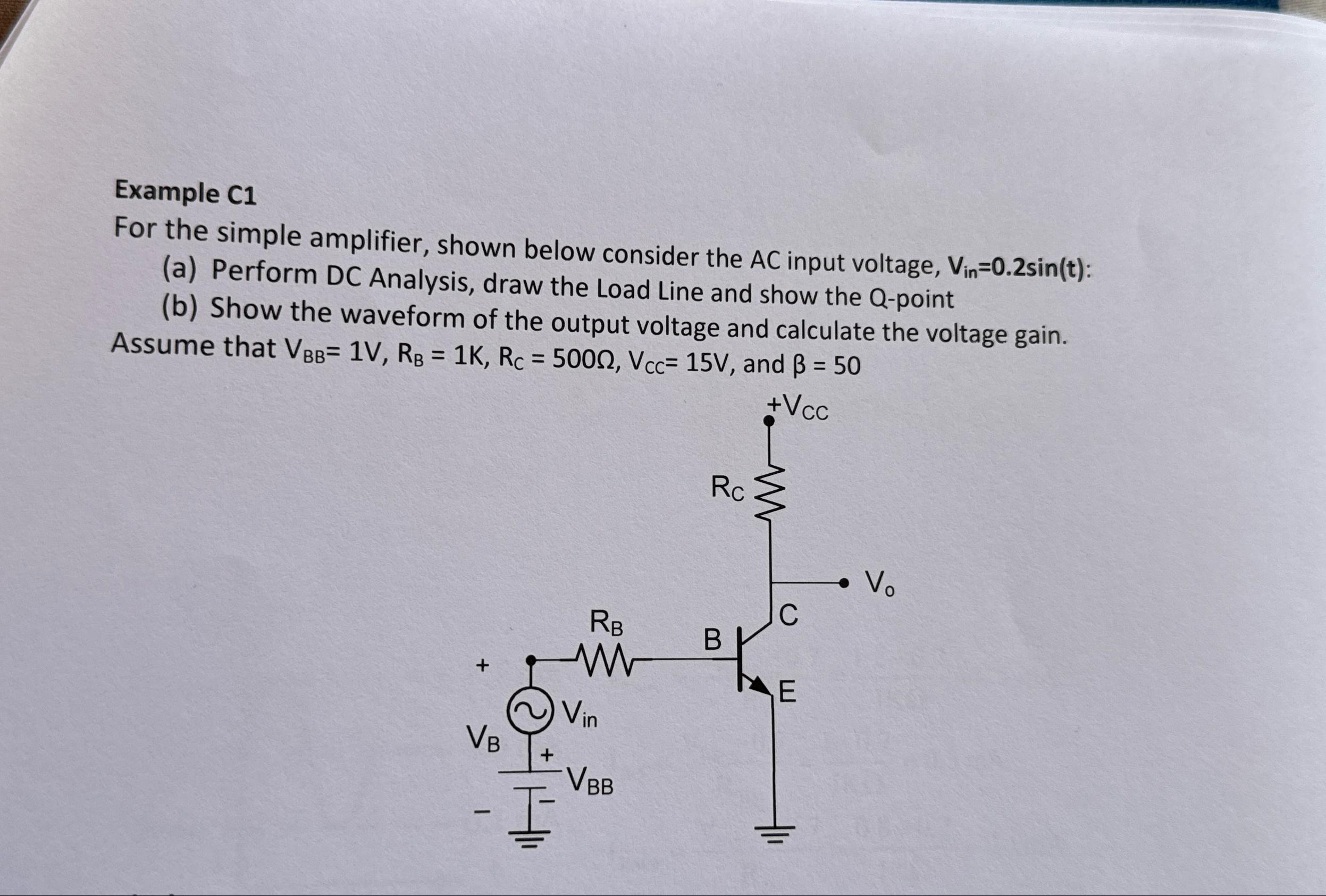 Solved Example C1For the simple amplifier, shown below | Chegg.com