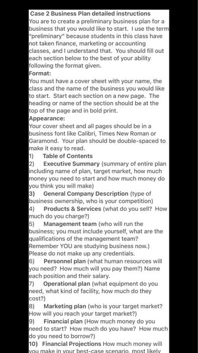 Solved Case 2 Business Plan Detailed Instructions You Are To | Chegg.com