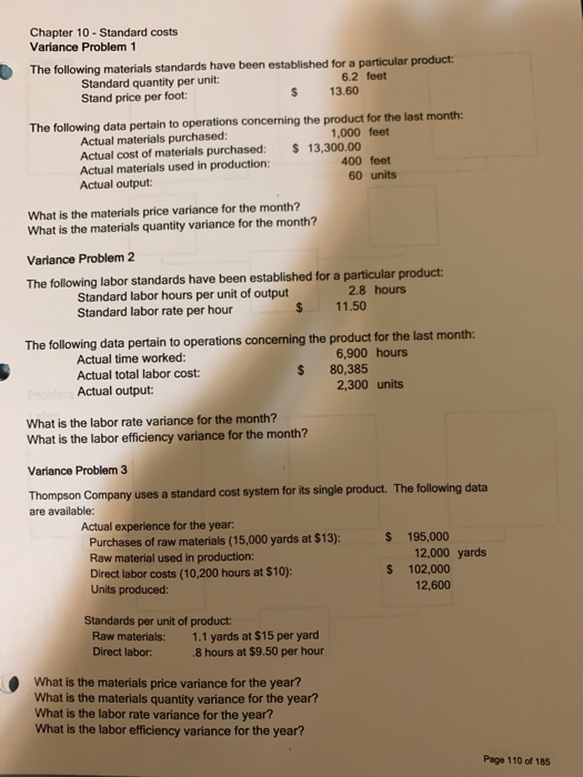Solved Chapter 10 - Standard costs Variance Problem 1 The | Chegg.com