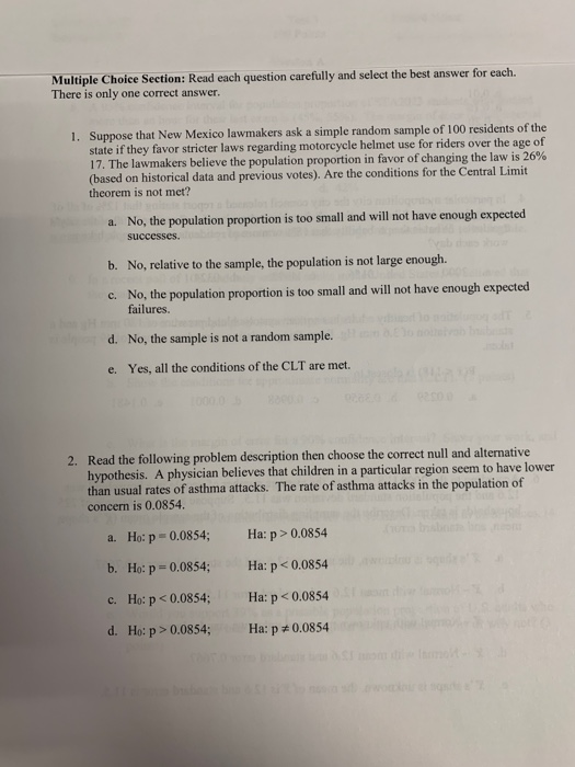 Solved Multiple Choice Section: Read each question carefully | Chegg.com