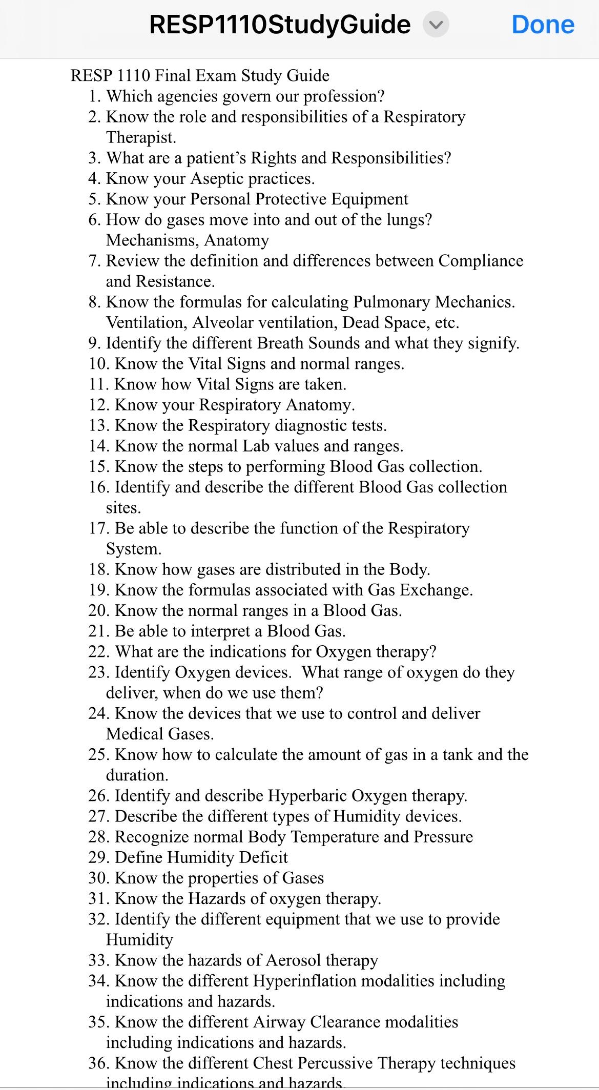 Solved RESP1110StudyGuideRESP 1110 ﻿Final Exam Study | Chegg.com