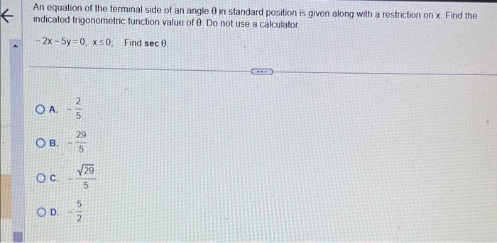 Solved An equation of the terminal side of an angle θ in | Chegg.com