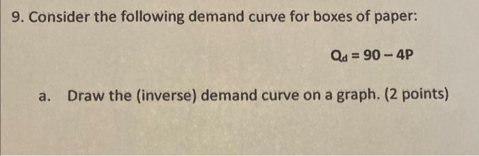 9. Consider the following demand curve for boxes of paper:
\[
Q_{d}=90-4 P
\]
a. Draw the (inverse) demand curve on a graph. 