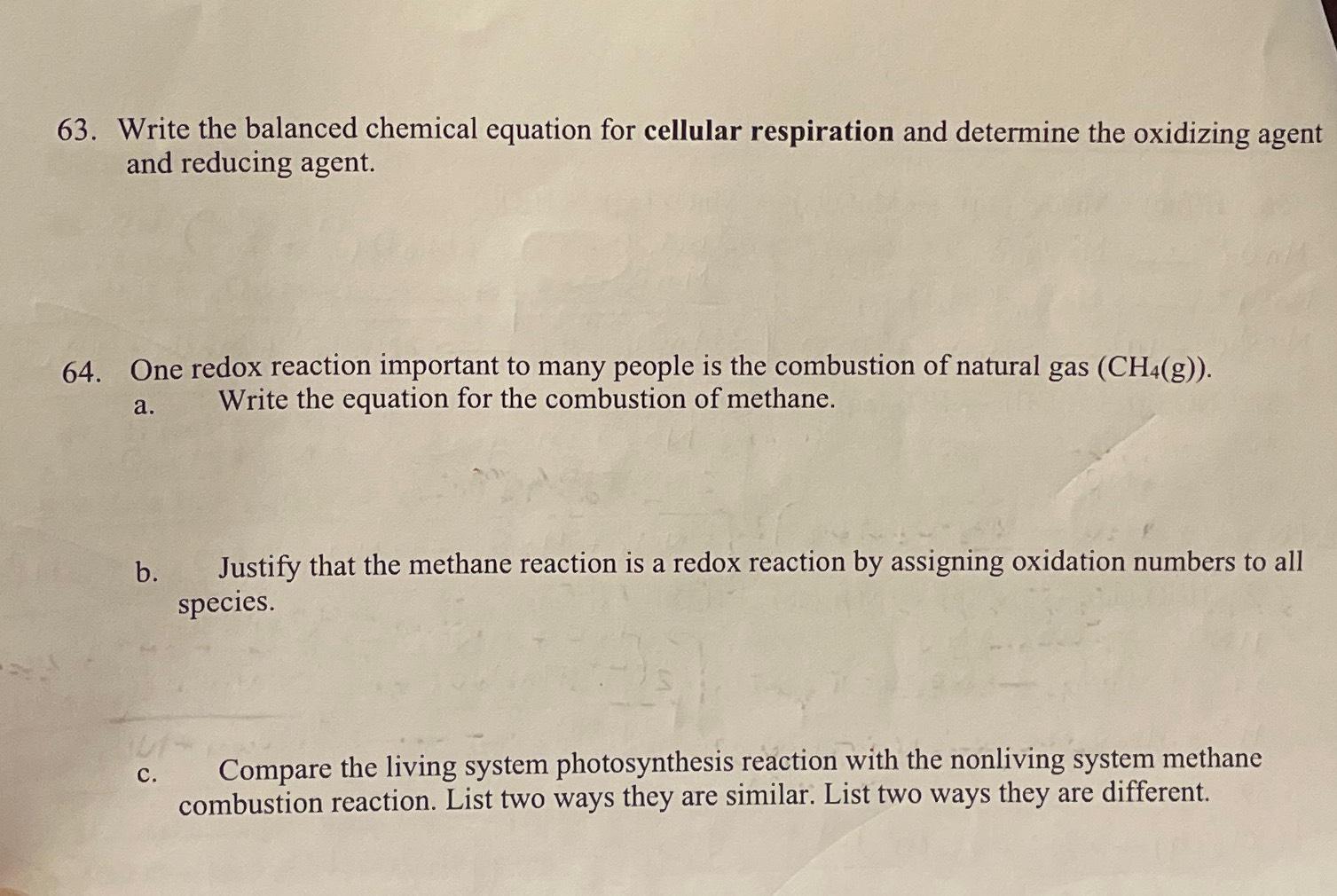 Solved Write The Balanced Chemical Equation For Cellular | Chegg.com