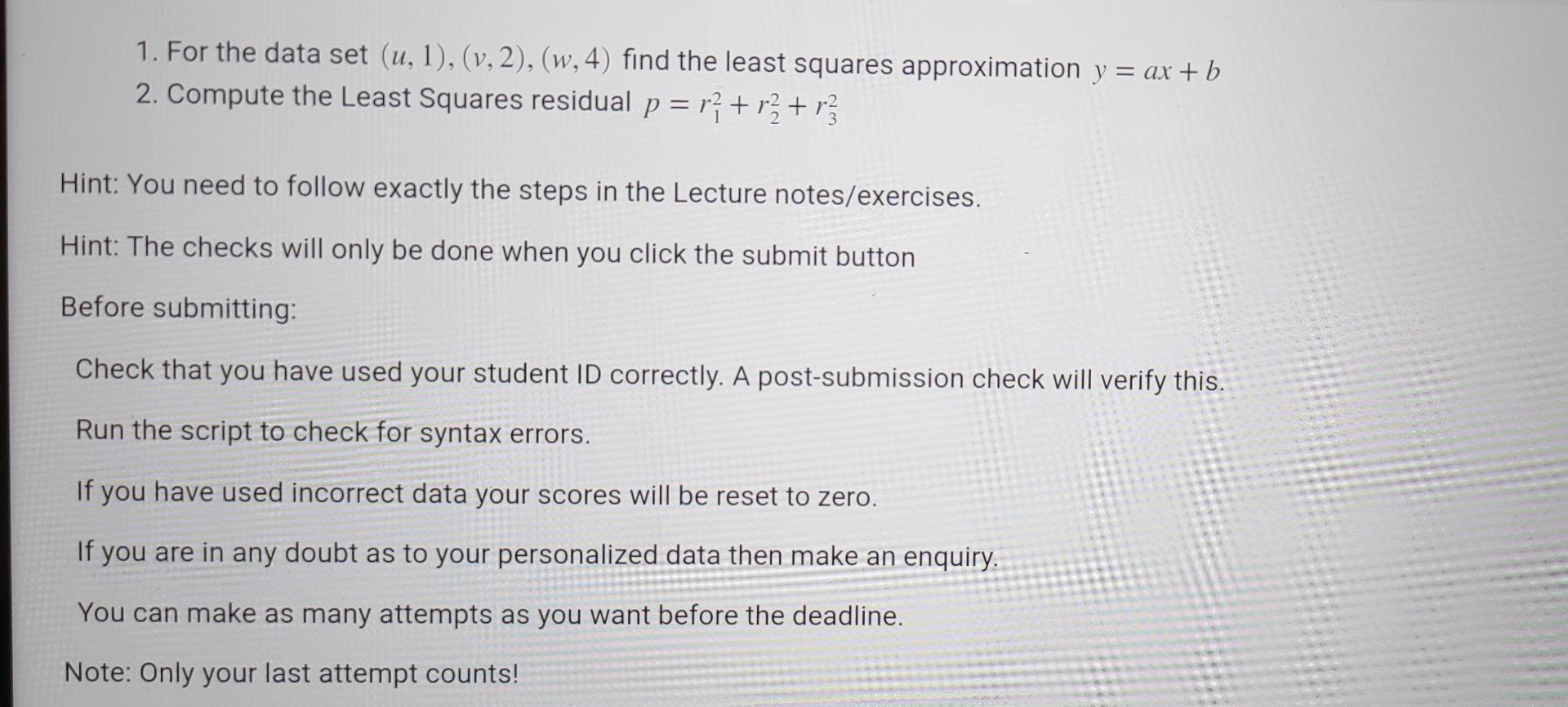 Solved 1. For the data set (u, 1), (v, 2), (w, 4) find the | Chegg.com