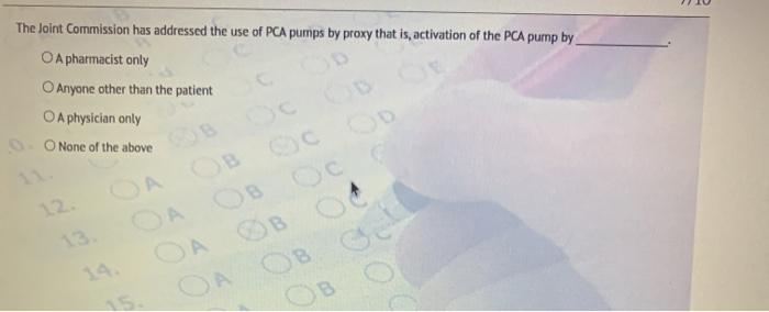 The Joint Commission has addressed the use of PCA pumps by proxy that is activation of the PCA pump by O A pharmacist only An