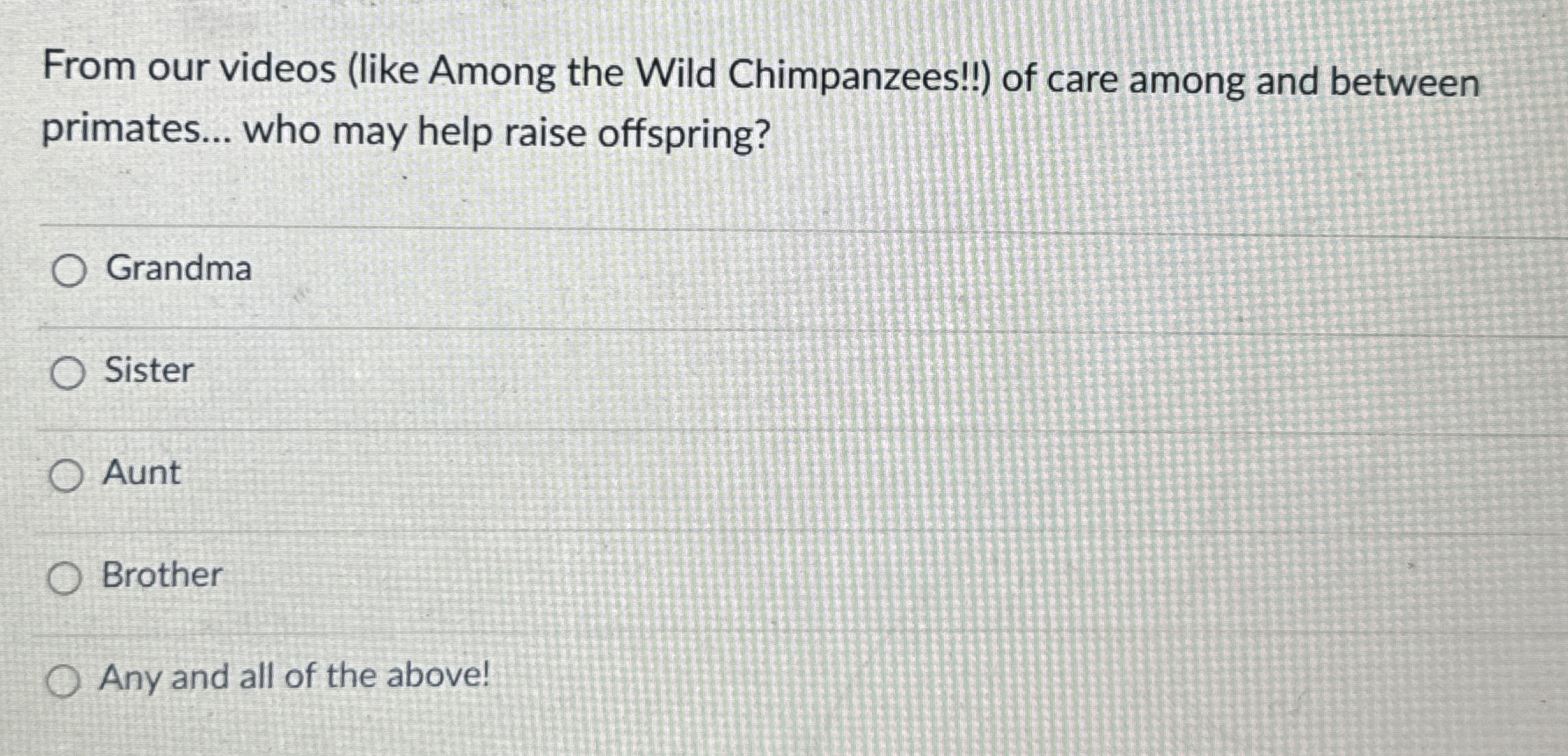 Solved From our videos (like Among the Wild Chimpanzees!!) | Chegg.com